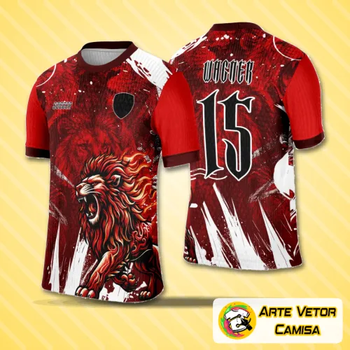 Camisa estilizada com logo no peito em destaque e estampa grande nas costas apresentando um leão vermelho vibrante e impactante, perfeita para eventos interclasse com visual marcante e moderno.