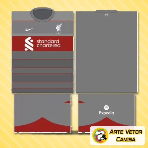 Camisa Liverpool com logo no peito e estampa grande nas costas, destacando as cores vermelha e branca que representam o time com design moderno e vibrante.