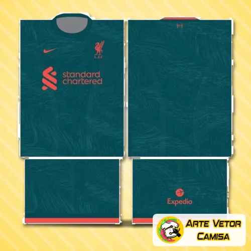 Camisa com logo no peito em destaque e estampa grande nas costas mostrando design moderno e vibrante inspirado no time Liverpool