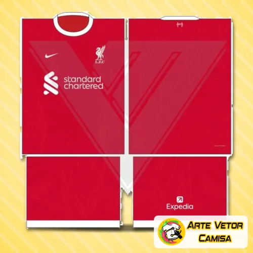 Camisa Liverpool com logo no peito destacado e estampa grande nas costas, exibindo um visual moderno e vibrante com detalhes em vermelho e branco, perfeita para fãs que querem demonstrar sua paixão pelo time com estilo autêntico.