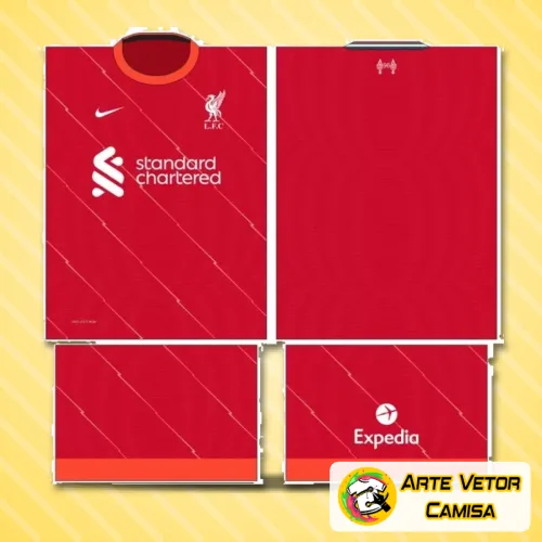 Imagem da camisa com logo no peito em destaque e uma estampa grande nas costas que traz design arrojado inspirado no clube Liverpool, ideal para quem valoriza estilo e personalidade na roupa.