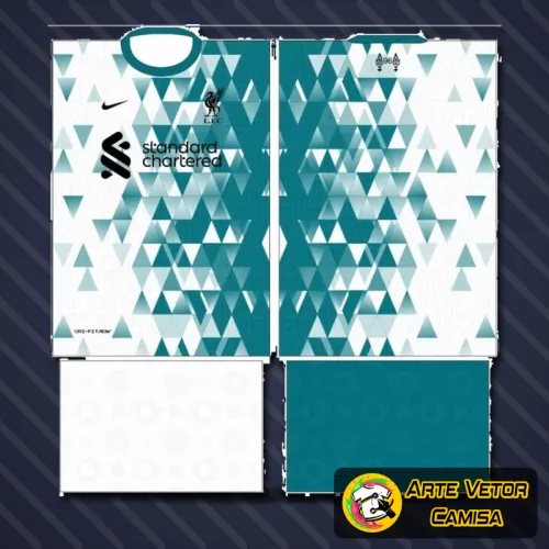 Foto da camisa com logo no peito bem destacado e estampa grande nas costas, com design vibrante e cores que remetem ao estilo LiverPool, perfeita para se destacar em qualquer ocasião.