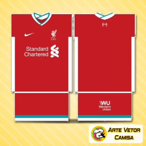 Foto da camisa com logo no peito e uma estampa grande nas costas, apresentando design vibrante e moderno, ideal para fãs do LiverPool que buscam estilo e personalidade marcante.