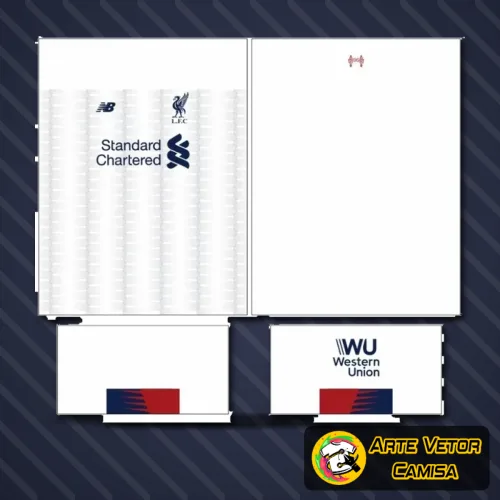 Foto da camisa final com logo no peito destacado e estampa grande nas costas, apresentando design moderno e detalhado que valoriza o visual do torcedor do Liverpool com cores vibrantes e acabamento impecável.