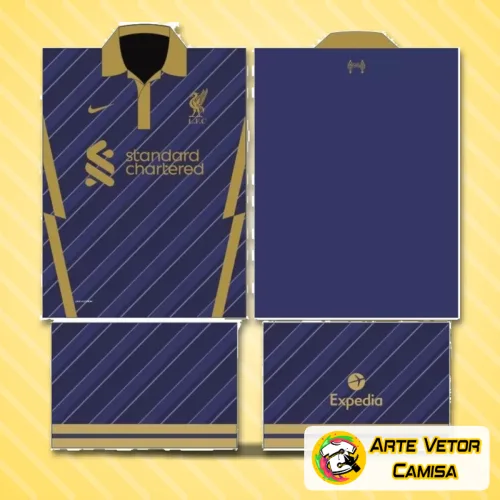 Foto de camisa com logo no peito e estampa grande nas costas, destacando o design vibrante e detalhado no estilo LiverPool, perfeita para quem busca personalidade e autenticidade no look.