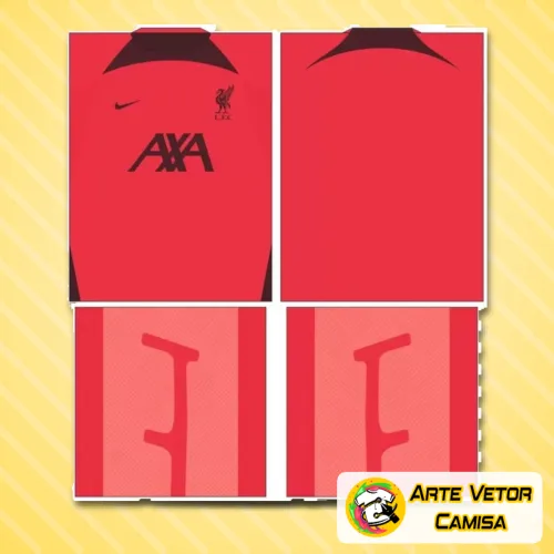 Camisa vermelha com logo no peito e estampa grande nas costas mostrando detalhes vibrantes, estilo moderno e design imponente que destaca a paixão pelo Liverpool com alta qualidade visual.