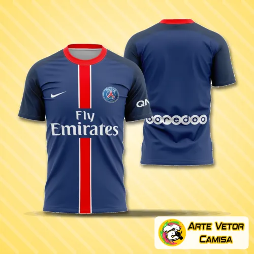 Camisa com logo no peito do PSG e estampa grande nas costas mostrando os locais icônicos do time na temporada 2015-2016, destacando detalhes vibrantes e design marcante.