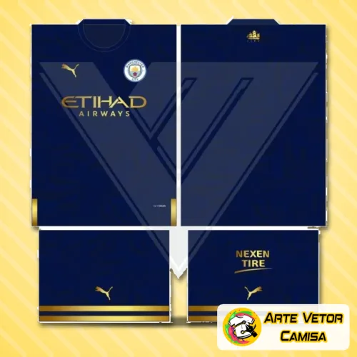 Camisa Manchester City com logo no peito e grande estampa nas costas exibindo design moderno e cores vibrantes, perfeita para fãs do clube que valorizam estilo único e autenticidade em visual esportivo.