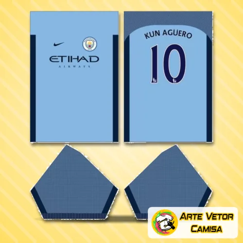 Camisa Manchester City 2024 com logo no peito e estampa grande nas costas, apresentando design moderno e detalhes em tons azul e branco que destacam o visual esportivo e estilizado