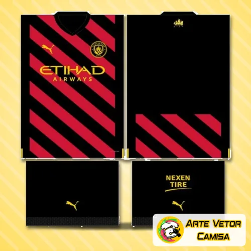 Camisa Manchester City com logo no peito e estampa grande nas costas em design moderno e arrojado, destaque para cores vibrantes e detalhes que remetem ao conceito 2024 do clube.