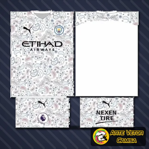 Camisa estilizada do Manchester City 2024 com logo no peito e estampa grande nas costas, mostrando detalhes modernos e cores vibrantes que destacam o espírito do time.