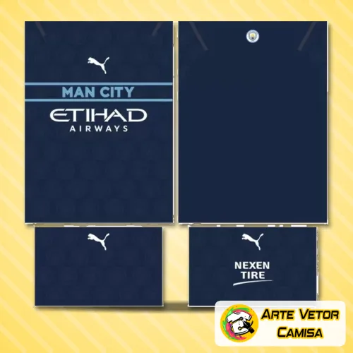 Foto da camisa com logo no peito da equipe Manchester City e estampa grande nas costas que destaca o design inovador do conceito 2024 em cores vibrantes e detalhes modernos.