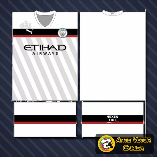 Camisa com logo no peito e estampa grande nas costas do Manchester City 2024, em design moderno e cheio de detalhes que destacam o estilo inovador do modelo conceito.