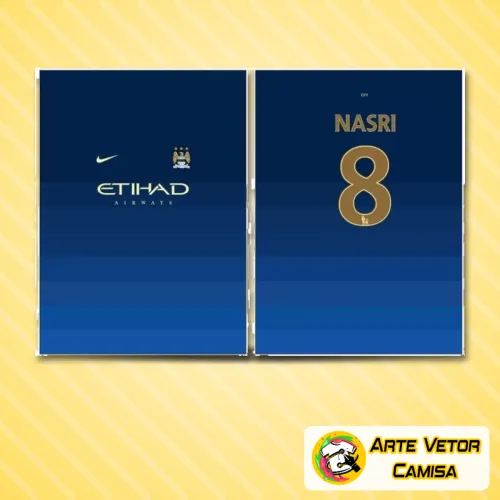 Foto da camisa Manchester City conceito 2024 com logo no peito e estampa grande nas costas, destaque para detalhes modernos e cores vibrantes que remetem ao estilo urbano do time.
