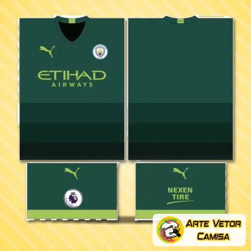 Vista completa da camisa Manchester City com logo no peito e estampa grande nas costas, com cores modernas e detalhes exclusivos que destacam seu design inovador e estilo contemporâneo.