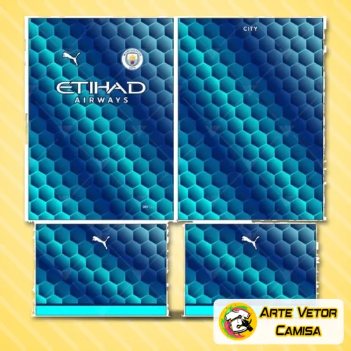 Foto da camisa Manchester City com logo no peito e estampa grande nas costas, destacando um design moderno e elegante para torcedores apaixonados.