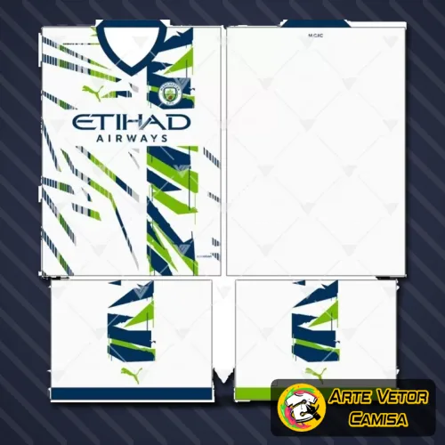 Imagem da camisa Manchester City com logo no peito e estampa grande nas costas, exibindo design moderno e impactante que destaca os detalhes da nova coleção 2024 em tons azuis e detalhes contrastantes
