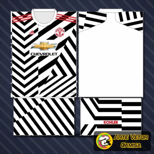 Imagem da camisa com o logo no peito em destaque e uma estampa grande e impactante nas costas mostrando o design moderno e ousado do Manchester United 2024