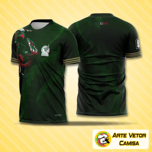 Camisa vibrante com logo no peito e estampa grande nas costas representando o conceito da equipe México 2026, perfeita para mostrar sua paixão e estilo único em qualquer ocasião.