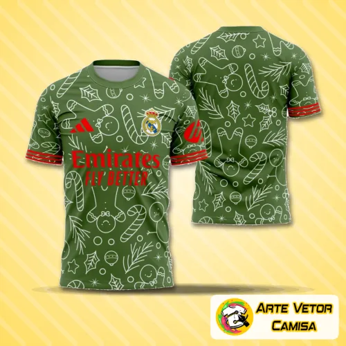 Vista da camisa com o logo no peito e uma estampa grande nas costas mostrando um design natalino inspirado no Real Madrid para 2025, destacando detalhes especiais que exaltam o tradicional estilo do clube branco.