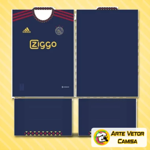 Camisa com logo no peito e estampa grande nas costas, exibindo design moderno inspirado no estilo Ajax, em cores vibrantes que destacam os detalhes da camisa.