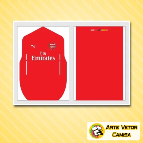 Foto da camisa com o logo do Arsenal no peito e uma estampa grande nas costas, destacando as cores vibrantes e o design detalhado que representa a identidade do time.