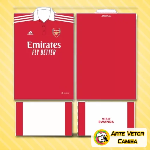 Camisa com logo no peito do Arsenal, destacando uma estampa grande nas costas que evidencia detalhes vibrantes e autênticos das cores e símbolos do time, perfeita para os fãs se destacarem em qualquer ocasião.