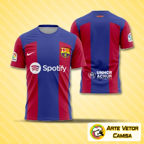 Camisa oficial do Barcelona 23-24 com logo no peito e estampa grande nas costas, destacando cores vibrantes e design moderno que representa o espírito do time.