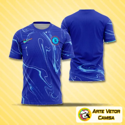 Camisa oficial do Chelsea 2024-2025 com logo no peito e estampa grande nas costas, destacando cores vibrantes e design moderno para torcedores apaixonados.