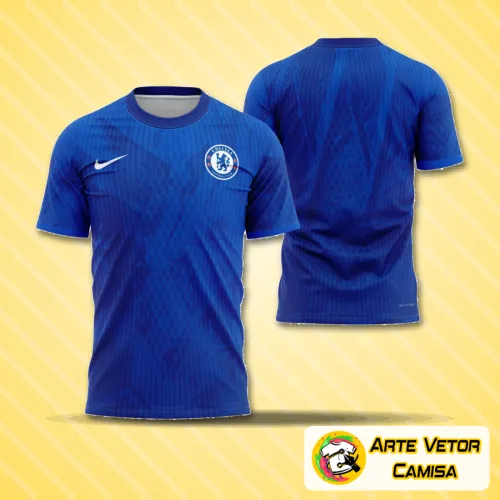 Camisa oficial do Chelsea temporada 2025 2026 com logo no peito e estampa grande nas costas, destacando o design moderno e as cores tradicionais do time em visão completa frontal e traseira.
