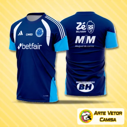 Camisa do Cruzeiro destaque com logo no peito e estampa grande nas costas, apresentando design moderno e dinâmico para treino de 2026, perfeita para mostrar sua paixão pelo clube.