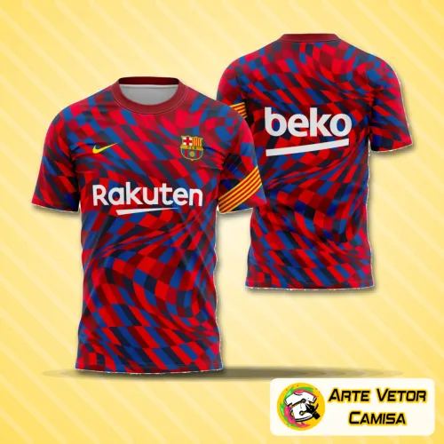 Exibe a camisa do Barcelona com logo no peito e estampa grande nas costas, destacando as cores clássicas do clube para a temporada 2020-2021 com visual vibrante e moderno.