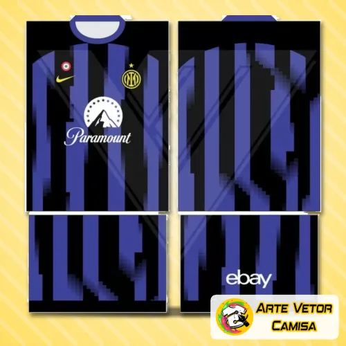 Camisa do Inter de Milão 2024 destacando logo no peito e estampa grande nas costas em cores vibrantes, ideal para fãs que apreciam design esportivo moderno.