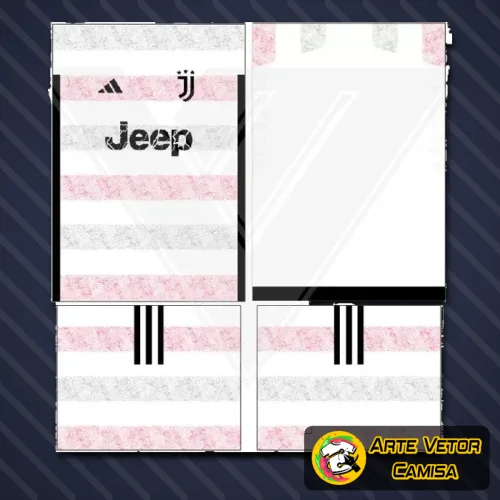Imagem da camisa com logo no peito e estampa grande nas costas mostrando os detalhes das cores preto e branco da Juventus, ideal para fãs do time.