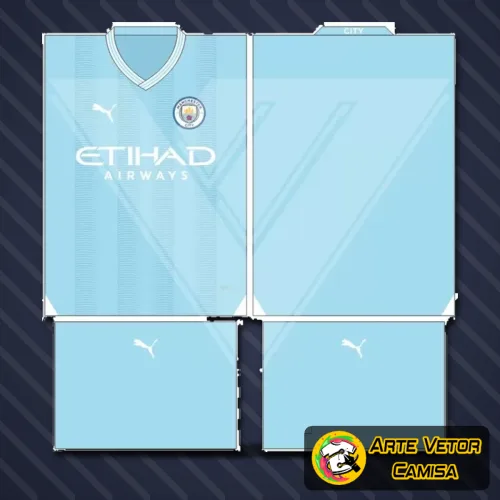 Imagem de uma camisa do Manchester City destacando logo no peito e uma estampa grande nas costas, com design moderno e cores vibrantes que representam o conceito 2024.