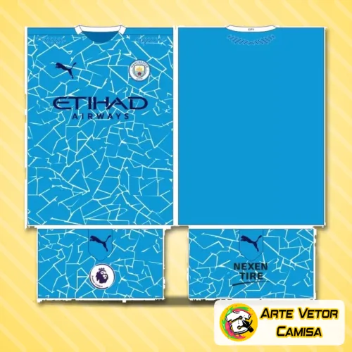 Camisa com logo no peito visível e uma estampa grande nas costas vibrante com detalhes em azul e branco, destacando o estilo moderno e sofisticado do Manchester City para 2024
