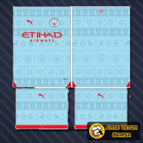 Camisa com logo no peito e estampa grande nas costas, apresentando design moderno e cores vibrantes do Manchester City para 2024, perfeito para quem busca estilo autêntico em roupa esportiva.