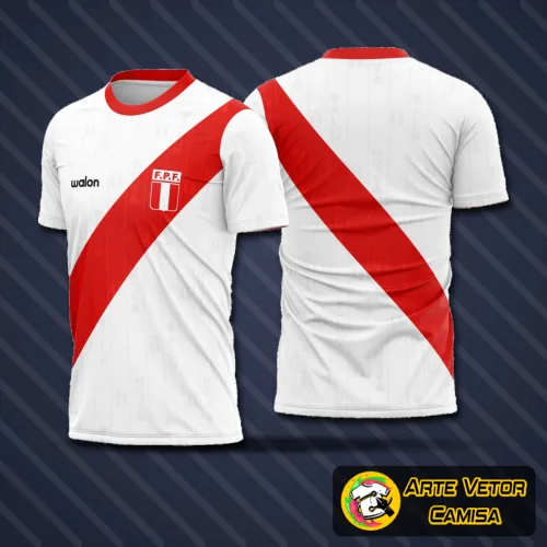 Imagem da camisa com logo no peito e estampa grande nas costas representando o design oficial do Peru em 2006, combinando as cores tradicionais e detalhes marcantes da equipe.