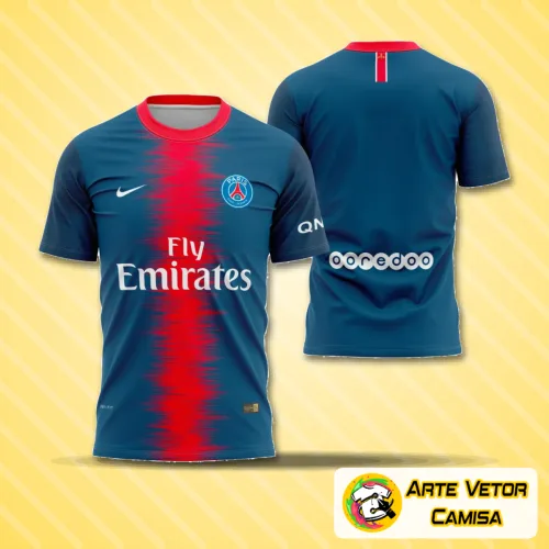 Camisa oficial do PSG 2018-2019 com logo no peito e estampa grande nas costas, exibindo detalhes marcantes das cores tradicionais do clube e design emblemático que destaca o estilo dos jogadores em campo.