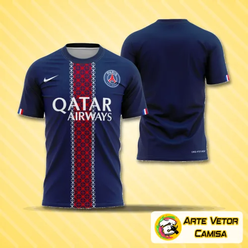 Camisa com logo no peito em destaque, acompanhada de estampa grande nas costas que destaca o design da temporada 2025-2026 do PSG, mostrando cores vibrantes e detalhes modernos.