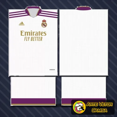 Camisa Real Madrid com logo no peito em destaque e estampa grande nas costas em design moderno e cheio de detalhes que celebram o clube espanhol