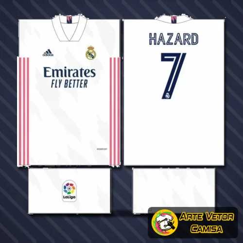 Camisa branca do Real Madrid com logo no peito e estampa grande nas costas detalhando o número 13 em destaque, capturando o estilo clássico e elegante da equipe.