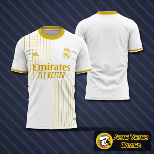 Camisa do Real Madrid com logo no peito e estampa grande nas costas exibindo o design oficial da temporada 22-23 em destaque, perfeita para fãs do time impressionarem com estilo autêntico e moderno