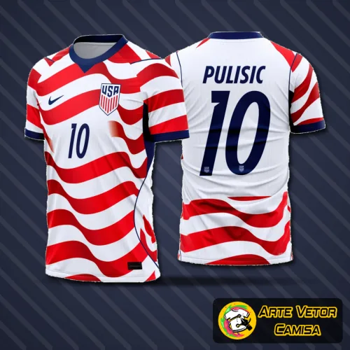 Camisa oficial da seleção dos Estados Unidos com logo no peito visível e uma estampa grande nas costas que destaca o design exclusivo para o período 2026-28, exibindo cores vibrantes e detalhes elegantes.