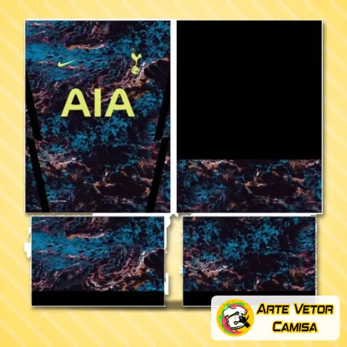 Camisa com o logo no peito do Tottenham em destaque e estampa grande nas costas mostrando detalhes da identidade do time, com cores vibrantes e design moderno e arrojado.