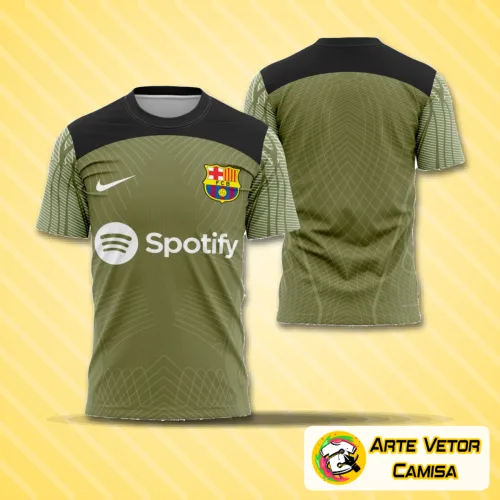 Camisa com logo no peito e estampa grande nas costas, exibindo design moderno e cores vibrantes inspiradas no estilo Barcelona 2023-2024, perfeita para quem busca autenticidade em cada detalhe.