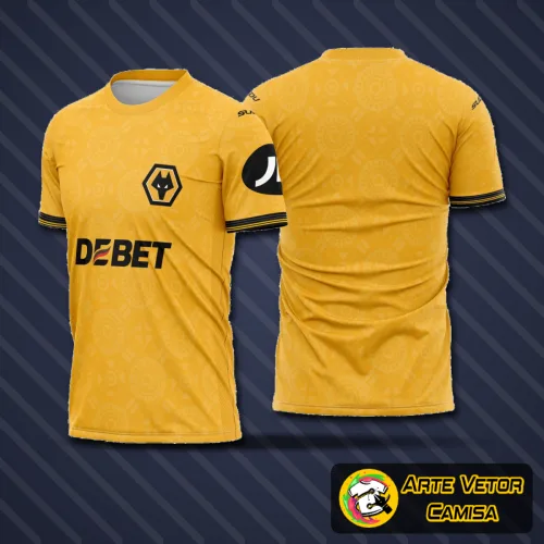 Camisa finalizada do Wolverhampton 2025-2026 com logo no peito e estampa grande nas costas, destacando cores vibrantes e design moderno que representa todo o espírito do clube.