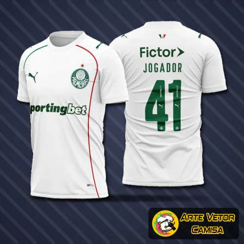 Camisa do Palmeiras com logo no peito e estampa grande nas costas, mostrando detalhes modernos e design inovador que destaca a paixão pelo time.