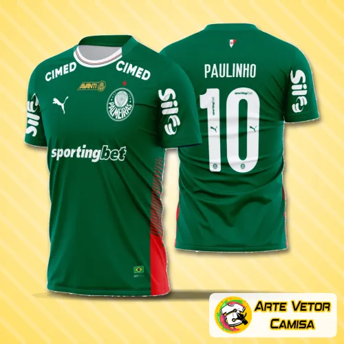 Imagem da camisa do Palmeiras com logo no peito bem destacada e estampa grande nas costas que cobre toda a parte traseira da peça, com cores vibrantes e design moderno para torcedores.
