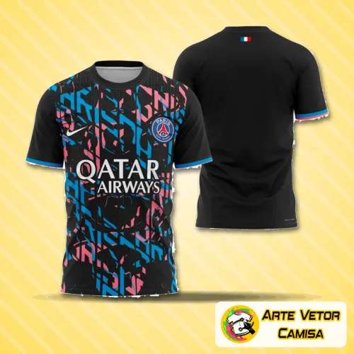 Camisa com logo no peito e uma estampa grande nas costas, destacando o estilo vibrante e moderno inspirado no Paris St. Germain 2023, perfeita para um visual urbano e esportivo.